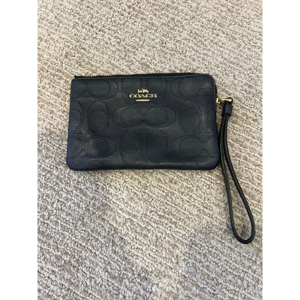 Coach Navy Signature Wristlet Card Holder with Gold Logo